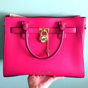 NWT Michael Kors Electric Pink Hamilton Leather Medium Satchel Crossbody